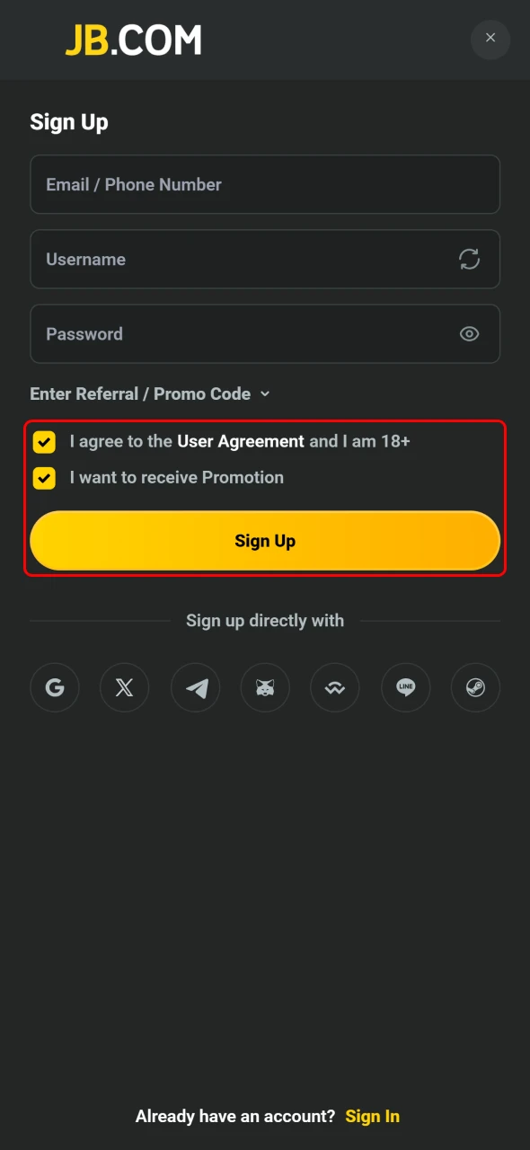 Accept terms and conditions to complete JB Mobile App signup.