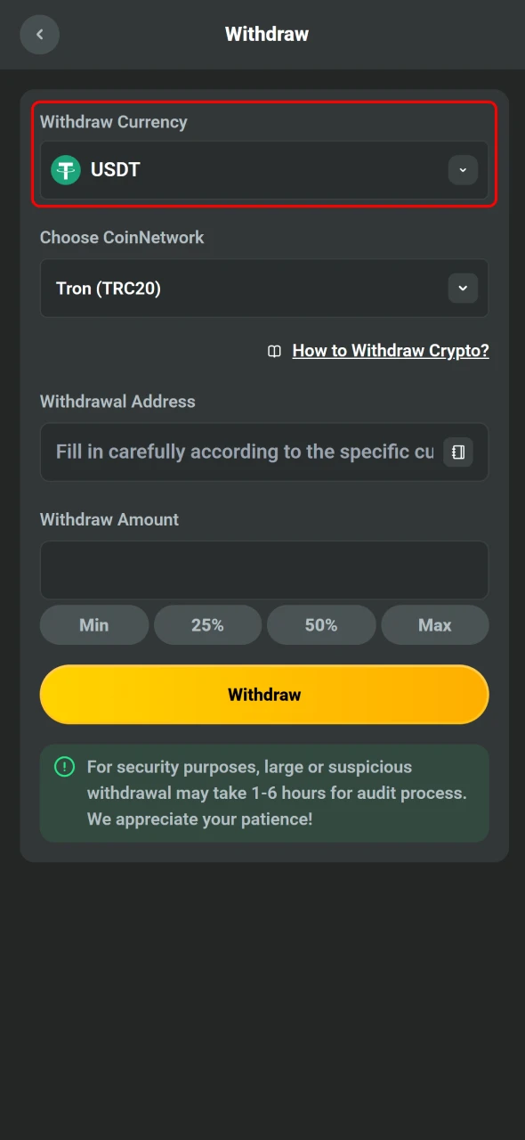 Choose your cryptocurrency for withdrawal in the JB Mobile App.