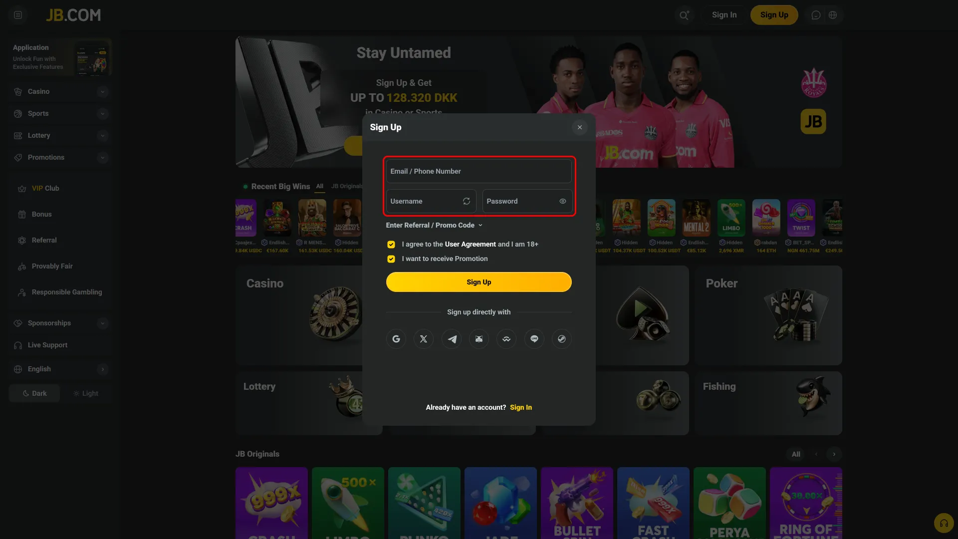 Choose a registration method within the JB PC App.