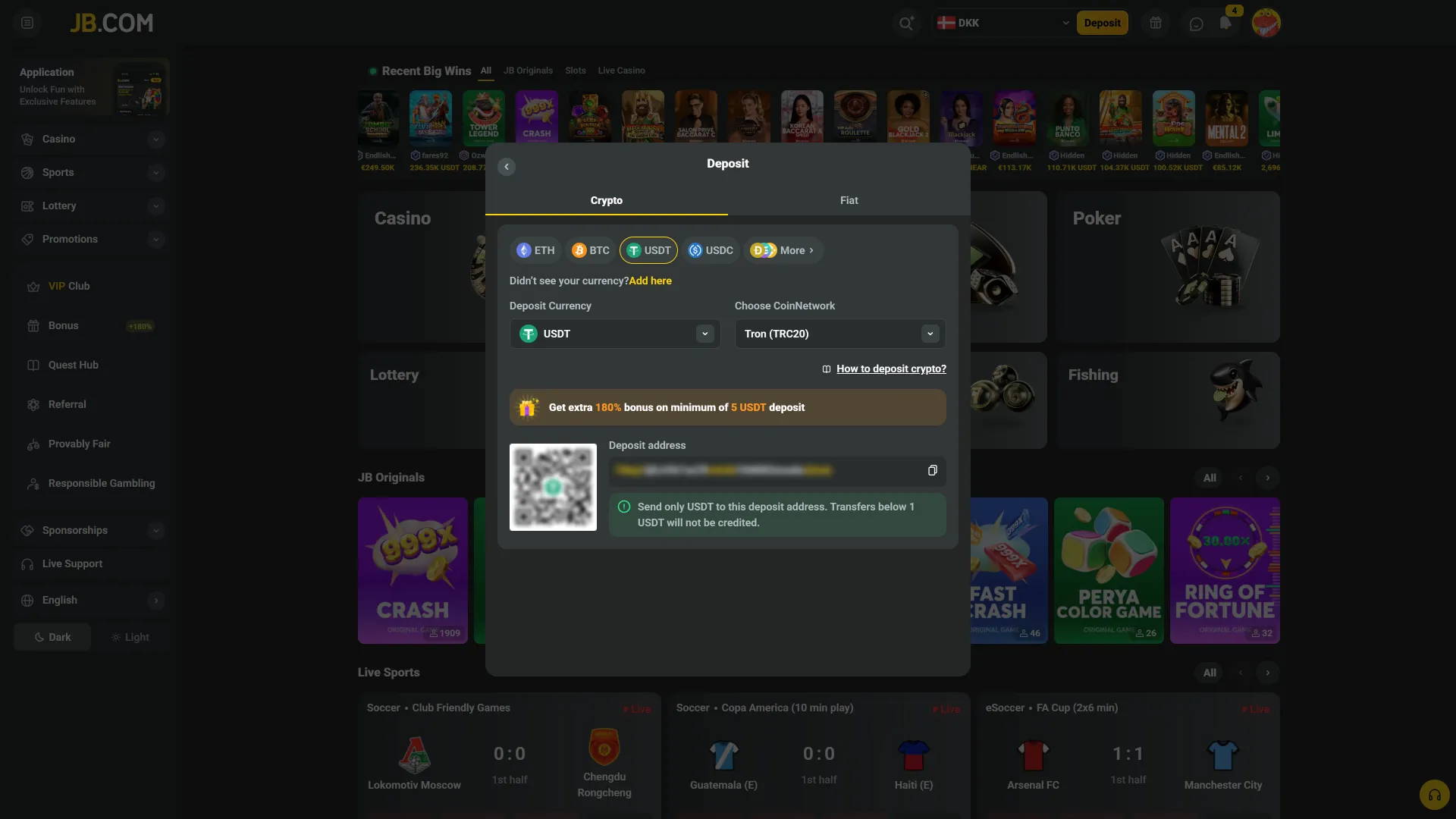 Foretag din første indbetaling via JB Casino PC-appen.
