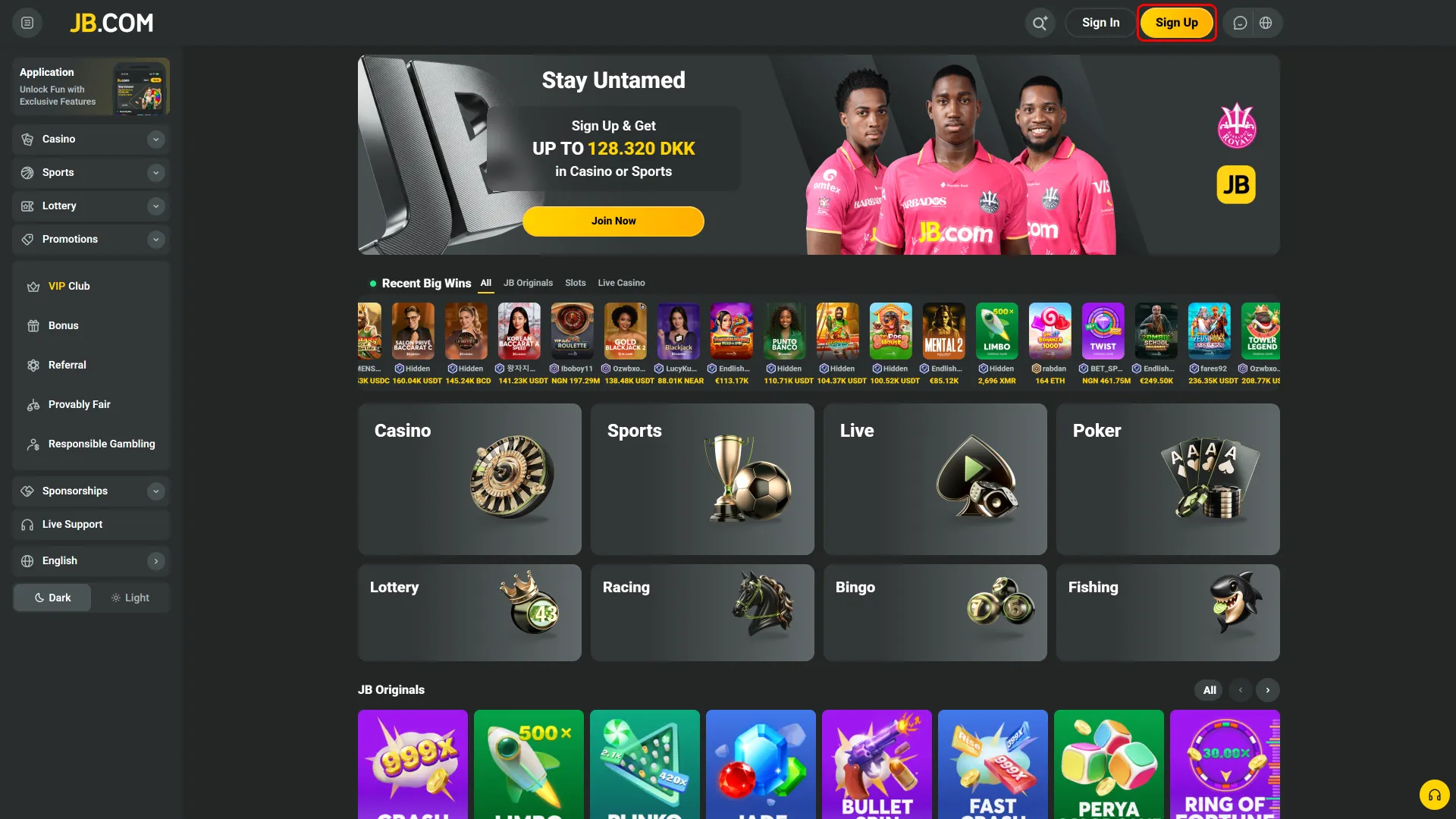 Klik på tilmeld dig i JB Casino PC-appen for registrering.