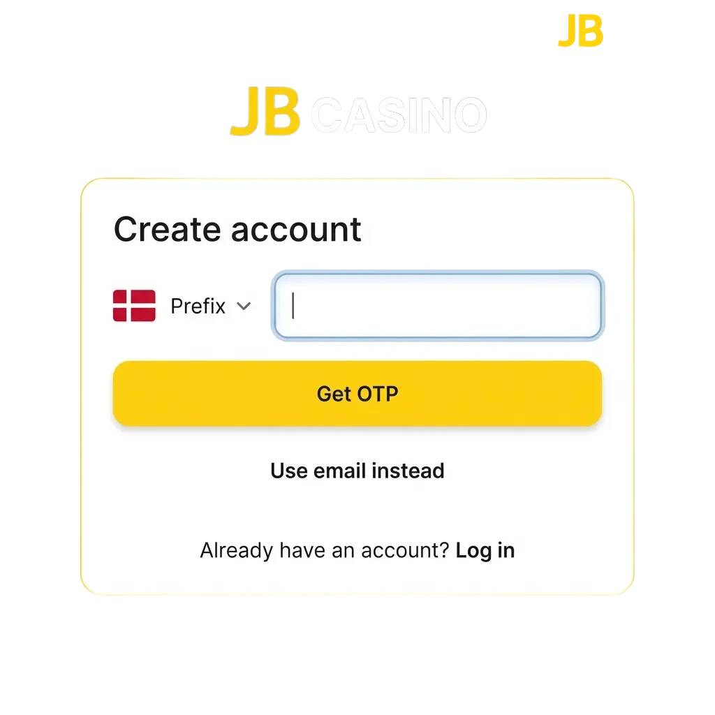 JB Casino registration page showing quick sign-up process for accessing games, betting, and bonuses up to 128,320 DKK