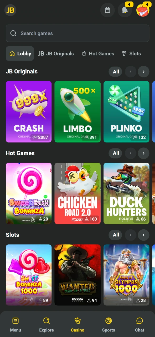 Begynd at spille og opfyld omsætningskrav for JB Casino bonus.