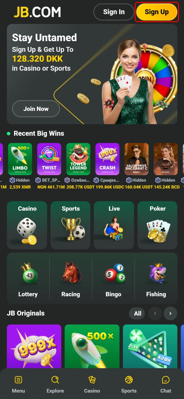 Klik på knappen for at starte JB Casino kontooprettelse hurtigt.