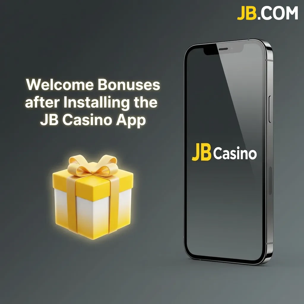 JB Casino app welcome bonus package showing deposit match, free spins, sports betting bonus, and cashback offers